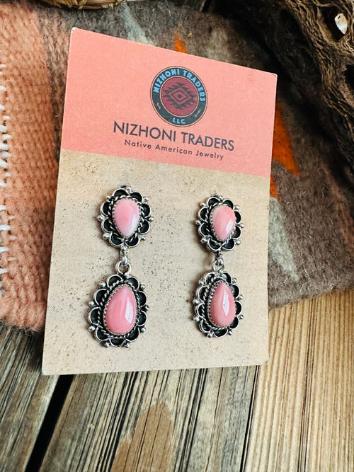 Navajo Queen Pink Conch & Sterling Silver Dangle Earrings