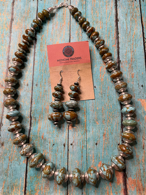 Navajo Sterling Silver Natural Number 8 Turquoise Beaded Necklace Earrings Set