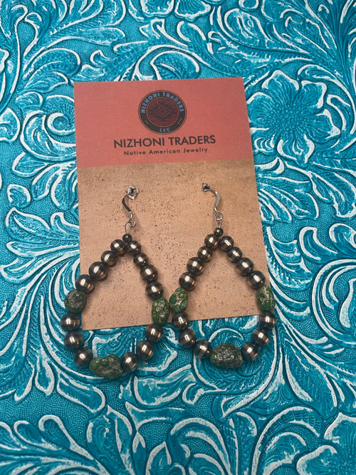 Navajo Sterling Silver Pearl Beaded Dangle Hoop Earrings