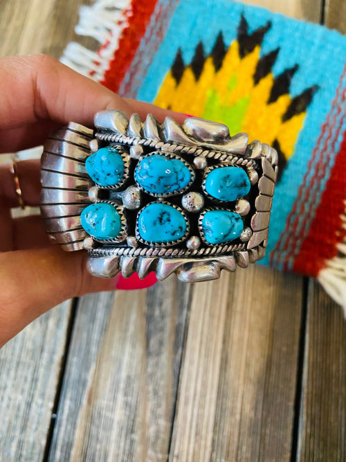 Old Pawn Vintage Navajo Kingman Turquoise & Sterling Silver Watch Cuff