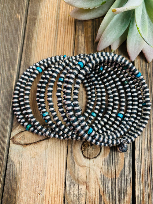 Navajo Turquoise & Sterling Silver Pearl Beaded Wrap Bracelet