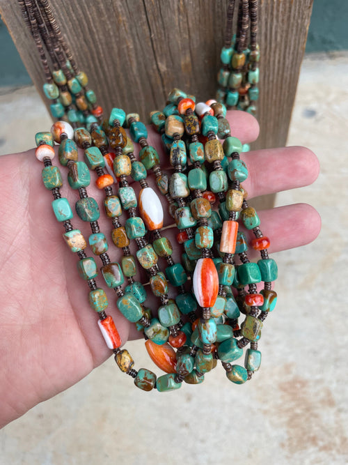 Navajo Turquoise, Spiny And Heishi Seven Strand Beaded Necklace