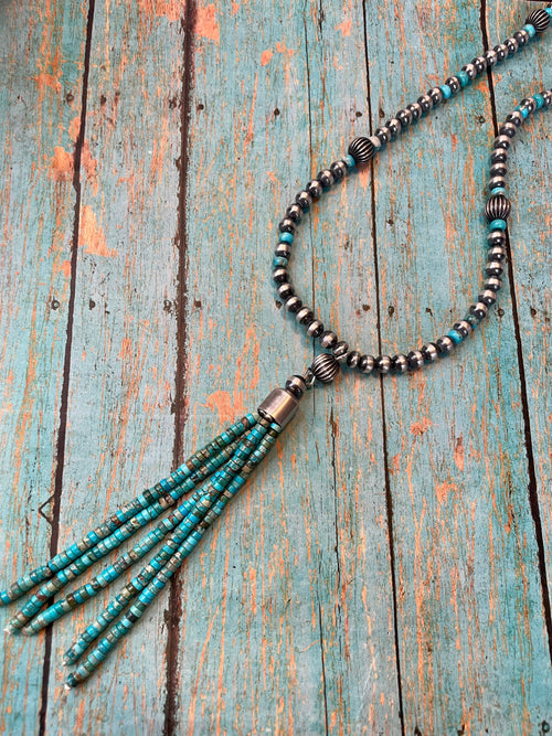 Navajo Sterling Silver And Turquoise Beaded Tassel Necklace