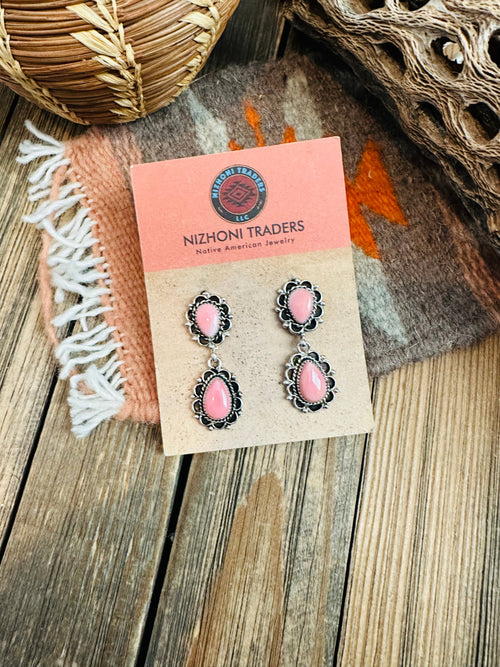 Navajo Queen Pink Conch & Sterling Silver Dangle Earrings