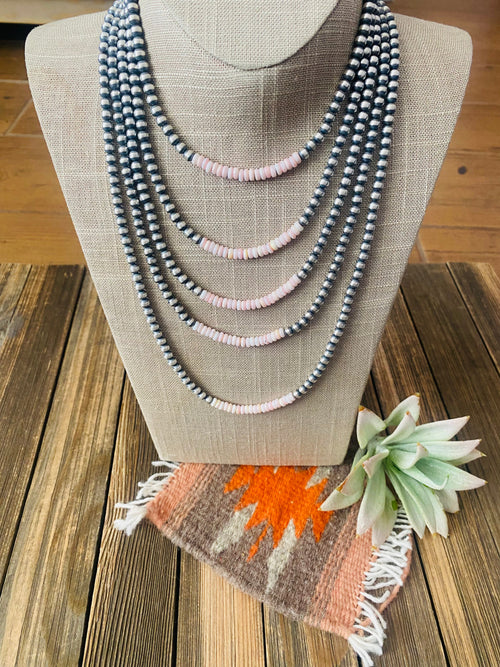 Navajo Sterling Silver Pearl & Queen Pink Conch Beaded Necklace 5mm