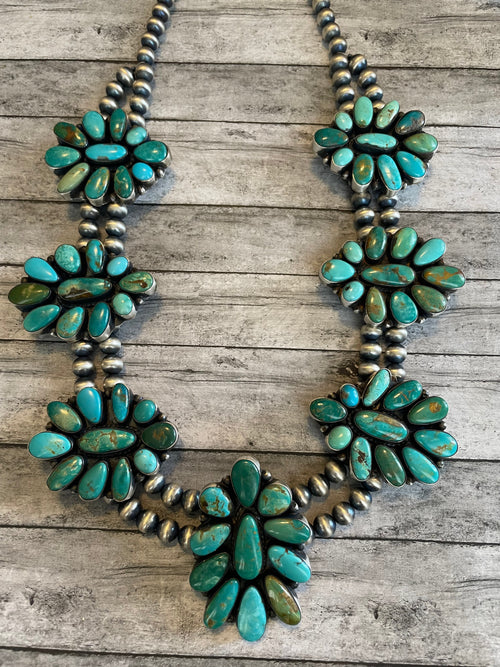 Navajo Beaded Sterling Silver & Royston Turquoise Necklace & Earring Set