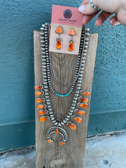 Navajo Orange Spiny And Sterling Silver Squash Blossom Necklace & Earrings Set By Selena Warner