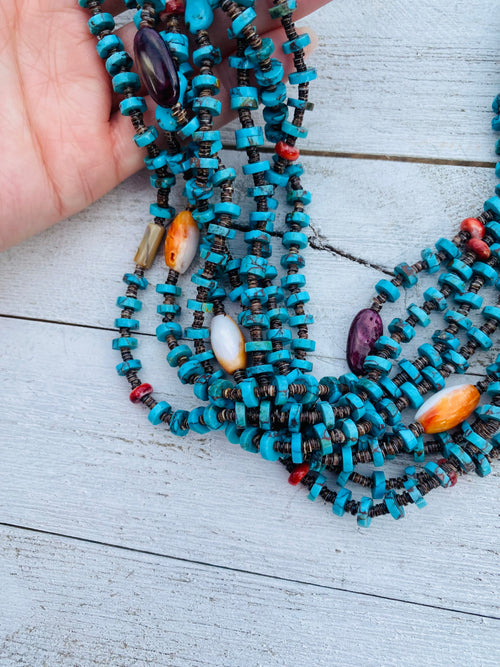 Navajo Turquoise, Spiny, Abalone & Heishi Eight Strand Beaded Necklace