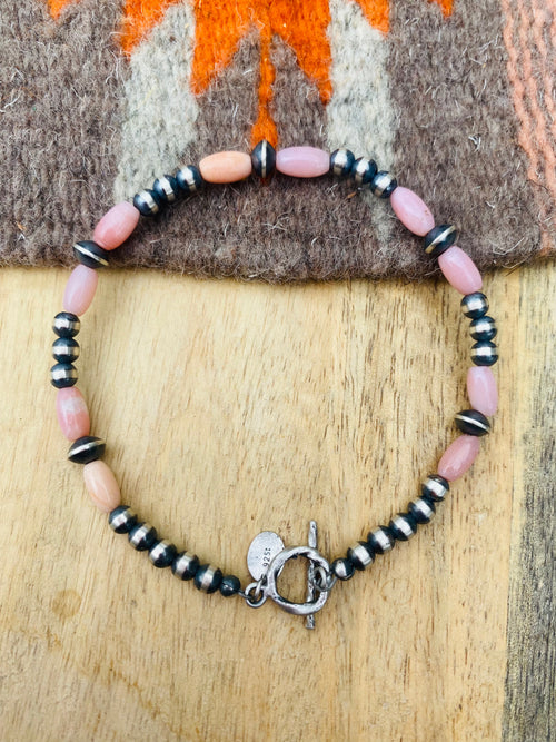 Navajo Sterling Silver Pearl & Pink Opal Beaded Bracelet