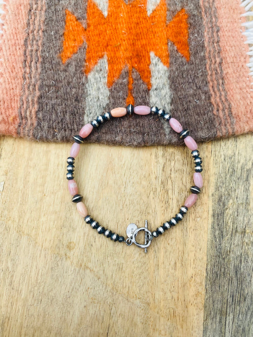 Navajo Sterling Silver Pearl & Pink Opal Beaded Bracelet