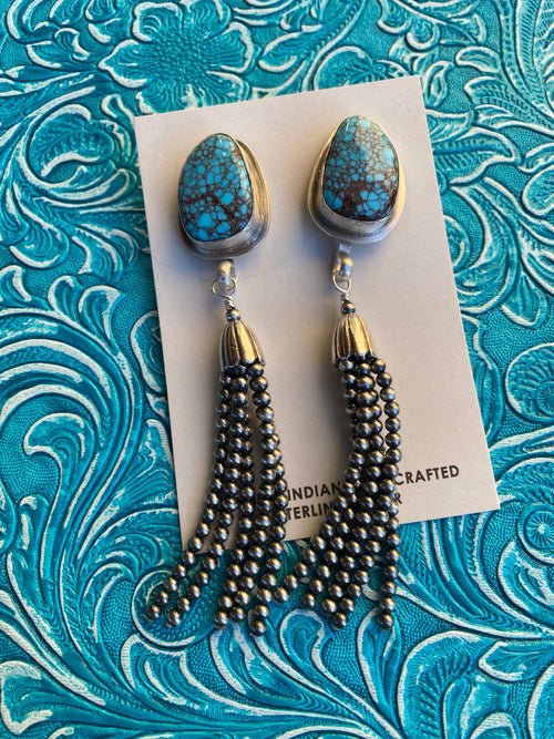 Navajo Steve Yazzie Turquoise & Sterling Silver Pearl Beaded Tassel Dangle Earrings