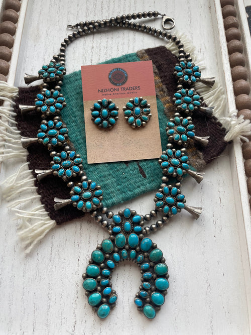 Navajo Royston Turquoise & Sterling Squash Blossom Set Signed