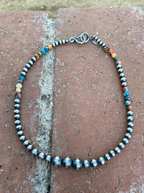 Navajo Turquoise & Spiny Spice Sterling Silver Beaded Necklace 14 inch