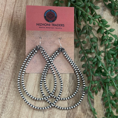 Navajo Pearl Style Sterling Silver Beaded 3mm Dangle Double Hoop Earrings