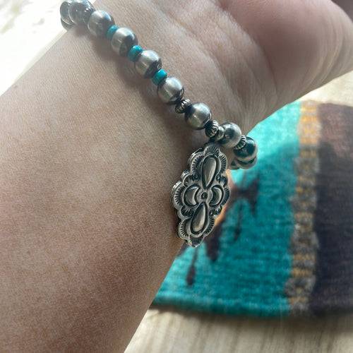 Navajo Sterling Silver Turquoise Beaded Stretch Charm Bracelet