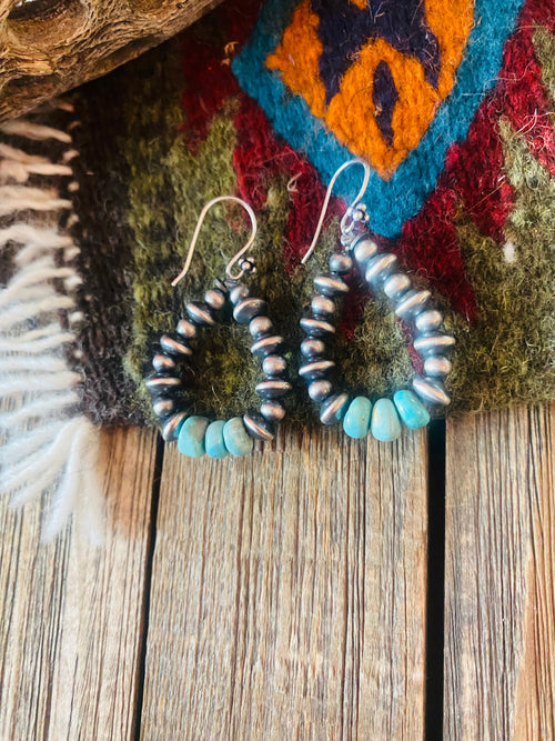 Handmade 3 Stone Turquoise And Sterling Silver Beaded Dangle Earrings