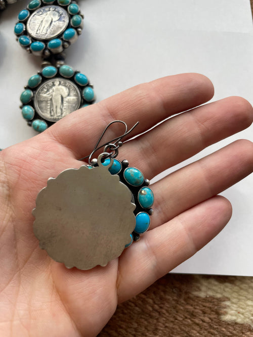 Handcrafted Turquoise & Sterling Silver Liberty Coin Necklace Earrings Set Signed Bea Tom