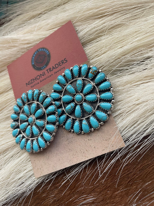 Navajo Sterling Silver And Turquoise Cluster Circle Earrings Signed 1.5”