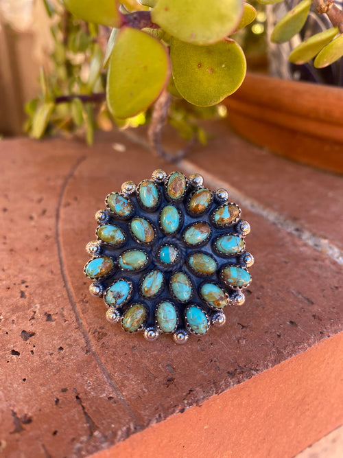 Handmade Round Royston Turquoise And Sterling Silver Adjustable Ring