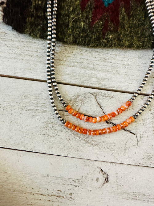 Navajo Orange Spiny & Sterling Silver Beaded Necklace 14” or 16”