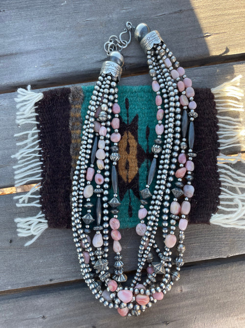 Navajo Sterling Silver Pink Conch 7 Strand Beaded Necklace 20-22inch