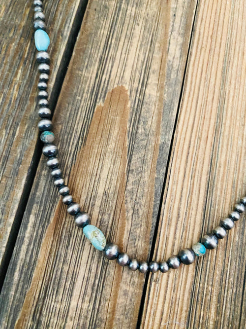 Handmade Sterling Silver & Turquoise Beaded Necklace 24”