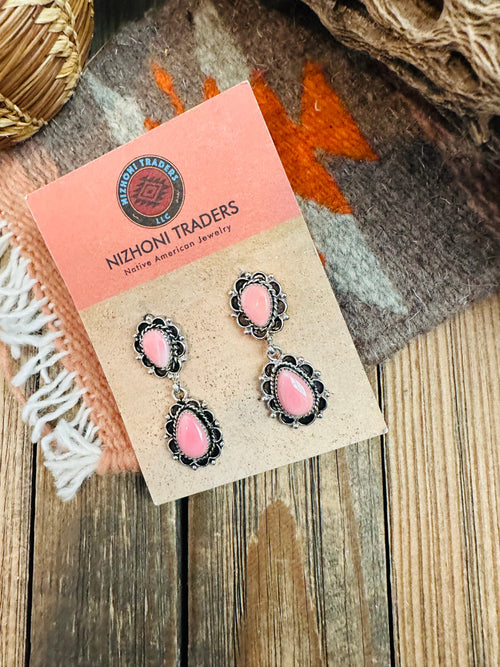 Navajo Queen Pink Conch & Sterling Silver Dangle Earrings