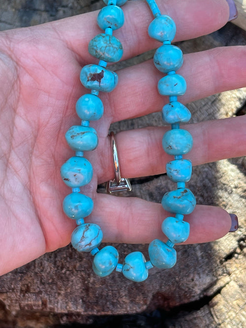 Navajo Sterling Silver Blue Turquoise Round Bead 16 Inch Necklace