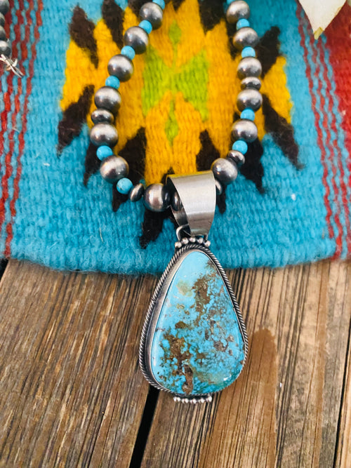 Navajo Sterling Silver & Kingman Turquoise Beaded Necklace