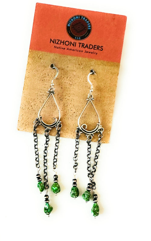 Navajo Sterling Silver & Green Turquoise Beaded Chain Dangle Earrings