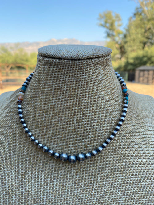 Navajo Turquoise & Spiny Spice Sterling Silver Beaded Necklace 14 inch