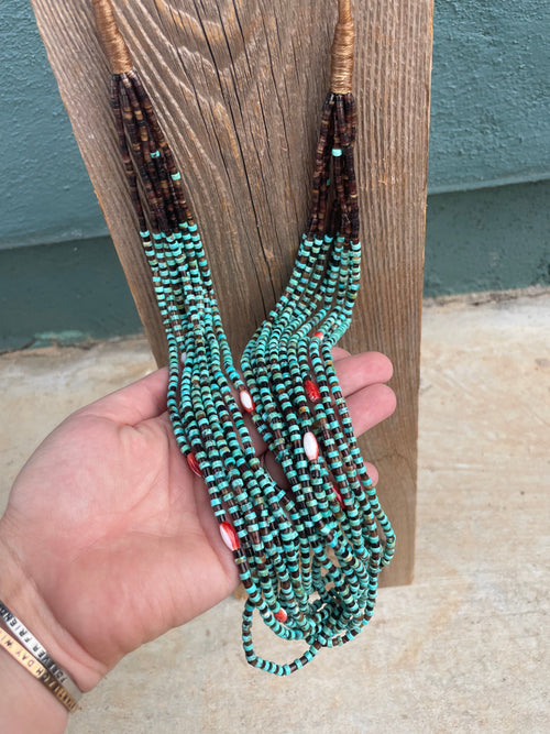 Navajo Turquoise, Spiny And Heishi Ten Strand Beaded Necklace