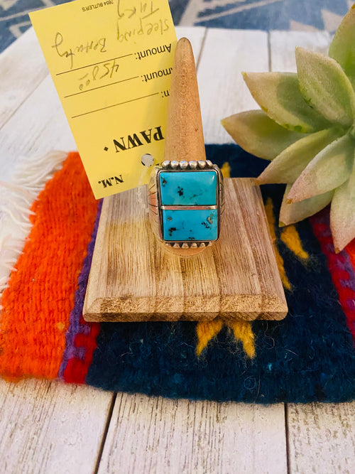 Old Pawn Vintage Handcrafted Sterling Silver & Turquoise Inlay Ring Size 10.5