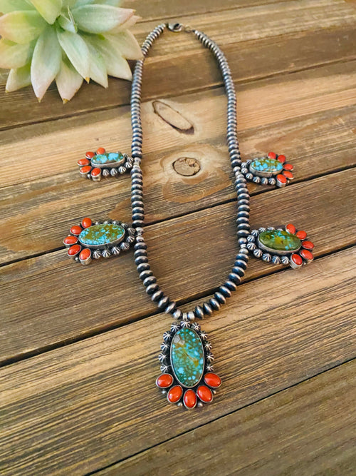 Handcrafted Sterling Kingman Turquoise & Natural Red Coral Necklace Taos Collection