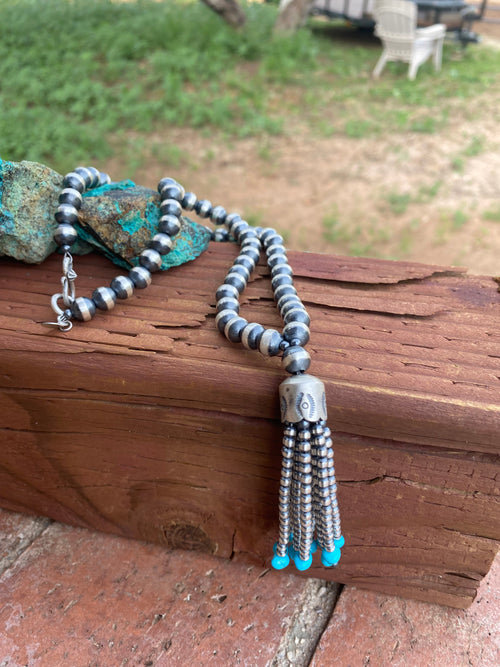 Navajo Sterling Silver Beaded Turquoise Tassel Necklace