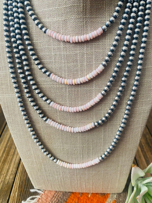 Navajo Sterling Silver Pearl & Queen Pink Conch Beaded Necklace 5mm