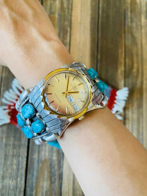 Old Pawn Vintage Navajo Kingman Turquoise & Sterling Silver Watch Cuff