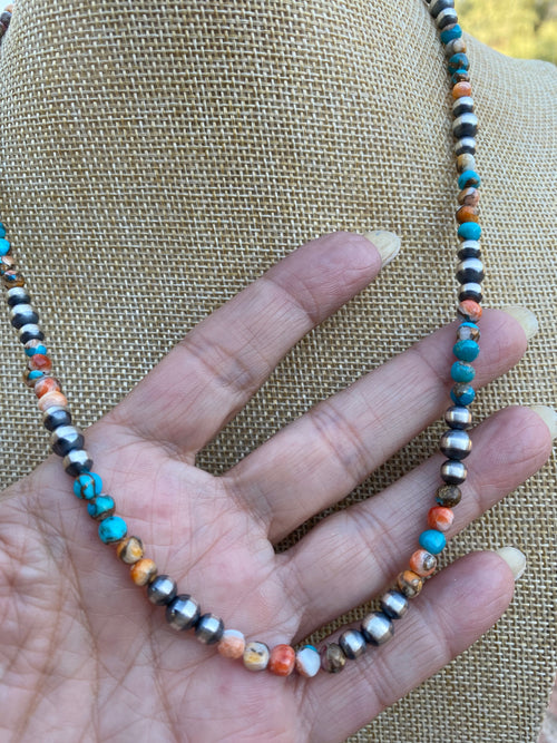 Navajo Turquoise & Spiny Spice Sterling Silver Beaded Necklace 20 inch