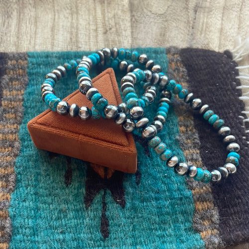 Navajo Sterling Silver & Turquoise Beaded Stretch Bracelet