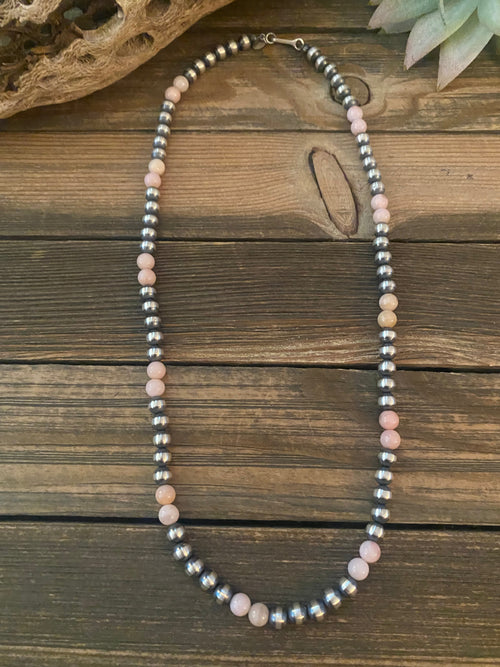 Navajo Sterling Silver Pearl & Pink Opal Beaded Necklace 30 inch