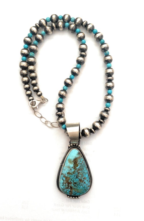 Navajo Sterling Silver & Kingman Turquoise Beaded Necklace