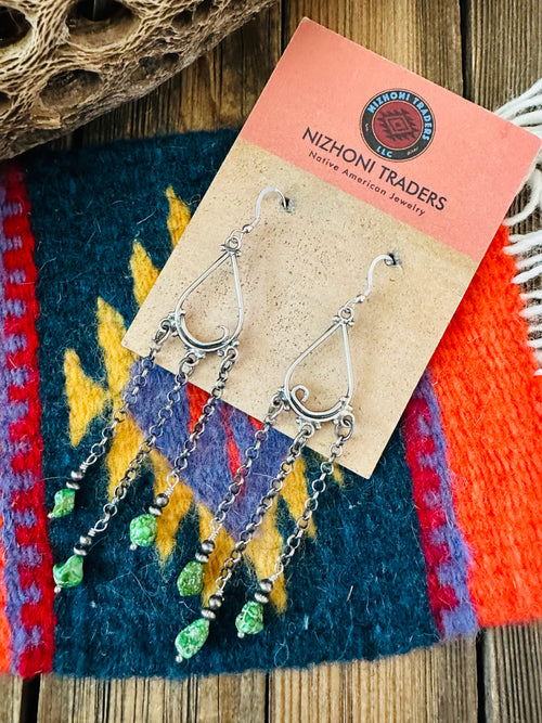 Navajo Sterling Silver & Green Turquoise Beaded Chain Dangle Earrings