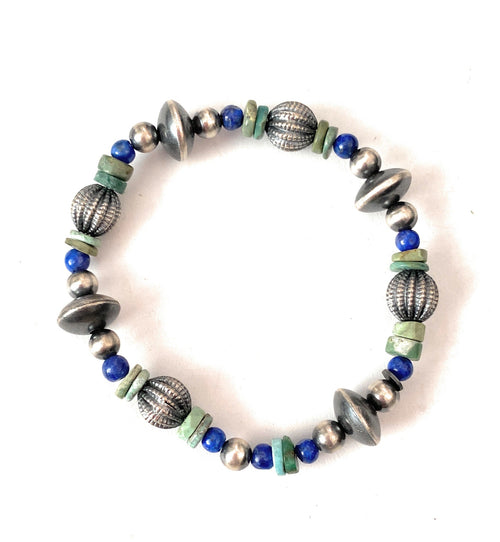 Handmade Turquoise, Lapis & Sterling Silver Beaded Stretch Bracelet