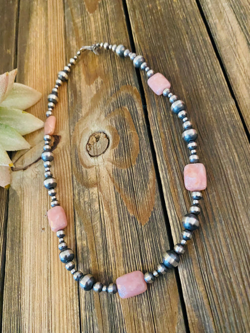 Navajo Sterling Silver Pearl & Pink Opal Beaded Necklace 16 inch