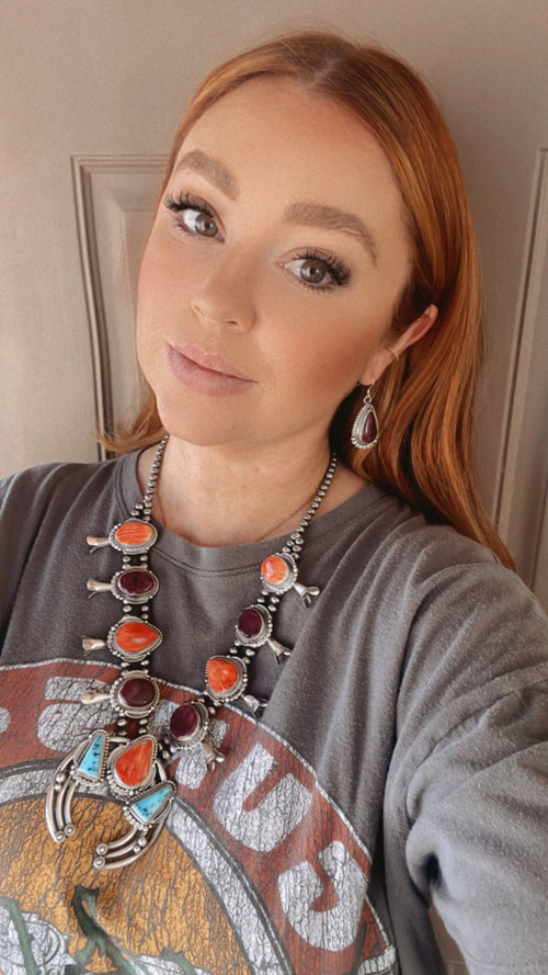 Navajo Multi Stone And Sterling Silver Squash Blossom Necklace Earrings Set By Tom Lewis