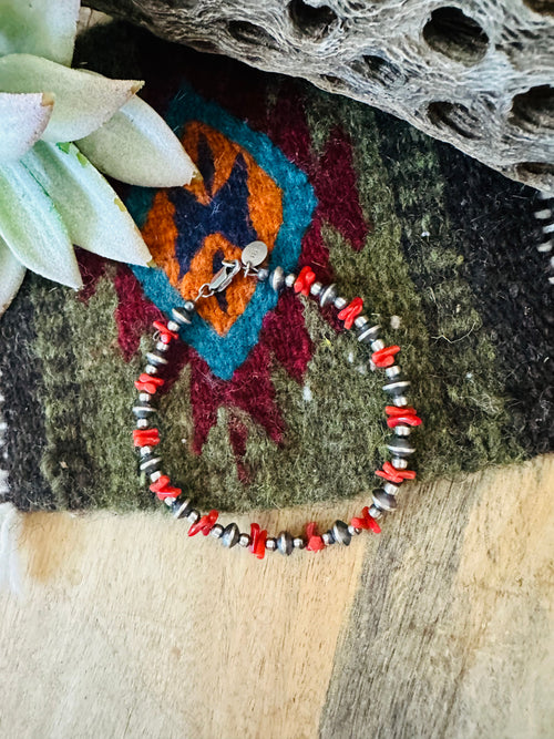 Navajo Coral & Sterling Silver Beaded Bracelet