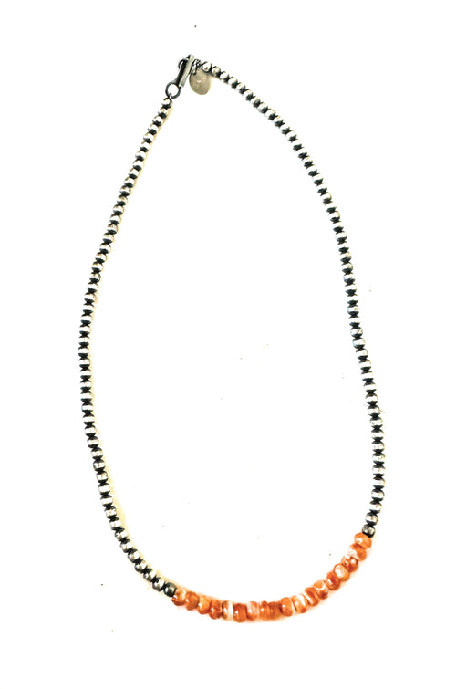 Navajo Orange Spiny & Sterling Silver Beaded Necklace 14” or 16”