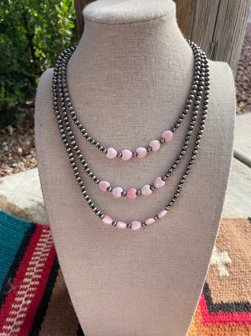 Sterling Silver & Queen Pink Conch Beaded Heart Necklace