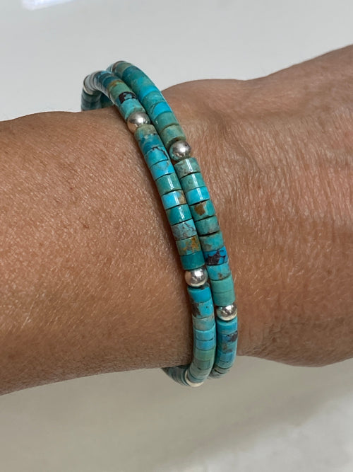 Navajo Turquoise & Sterling Silver Beaded Wrap Bracelet