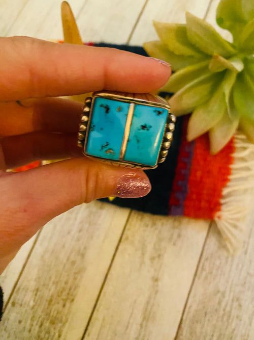 Old Pawn Vintage Handcrafted Sterling Silver & Turquoise Inlay Ring Size 10.5